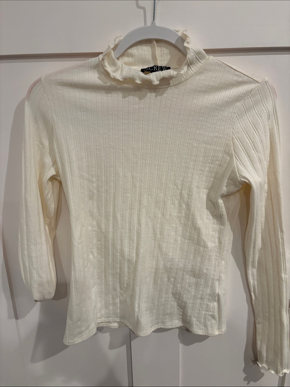 J. Crew Ivory Ribbed Ruffle Mock-Neck Long Sleeve Top